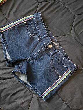 Express Dark Blue Denim Shorts with Rainbow Side Stripes